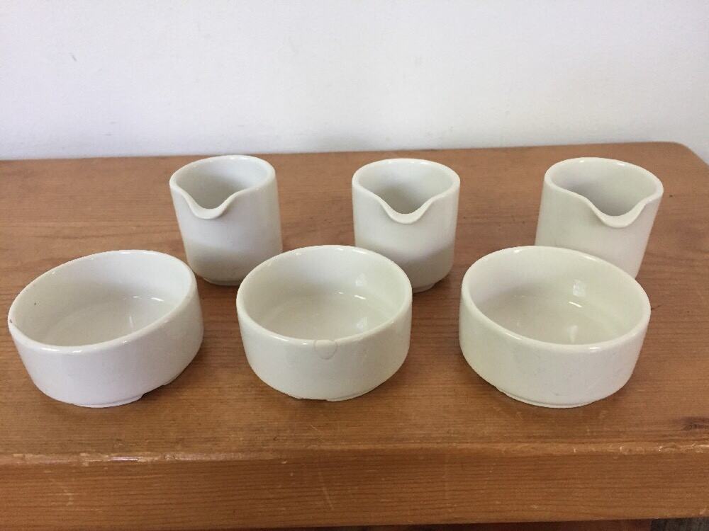 Set 3 Vtg Arabia of Finland White Porcelain Small Diner Style Creamer Sugar Set
